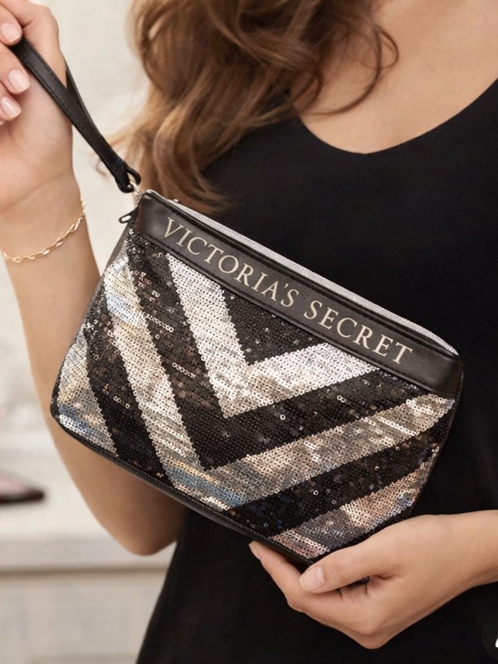 Victoria’s Secret Sequin Makeup Bag Black Silver Chevron Cosmetic Pouch